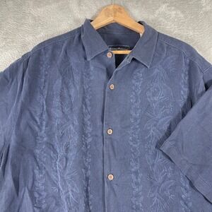 Tommy Bahama Silk Floral Jacquard Shirt Men's XL Blue Short Sleeve Button Front
